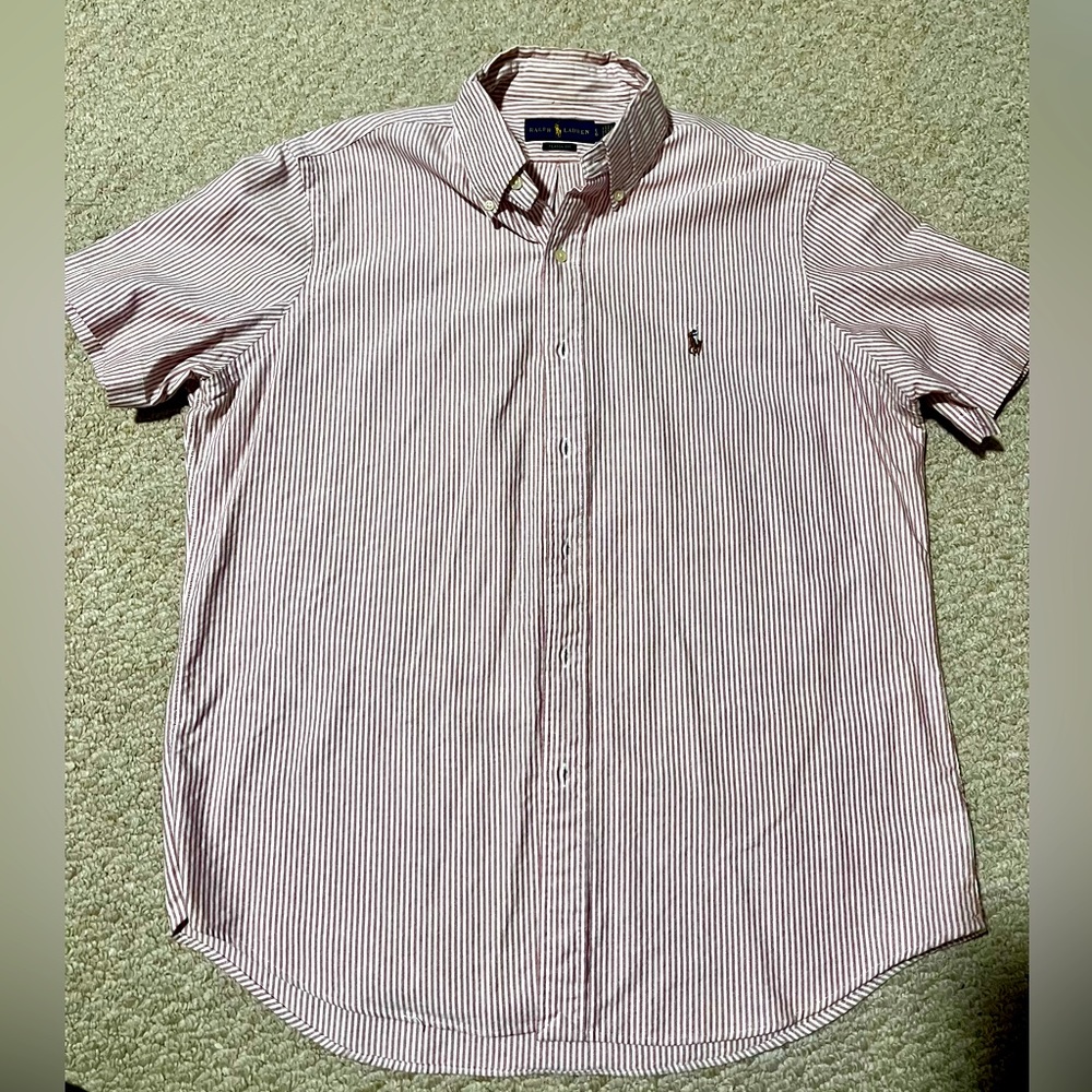 Ralph Lauren Mens Button Up Short Sleeve Dark Red White Striped Shirt
